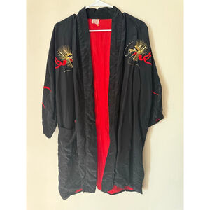 Women's Vintage Black & Red Dragon Embroidered Kimono Robe
